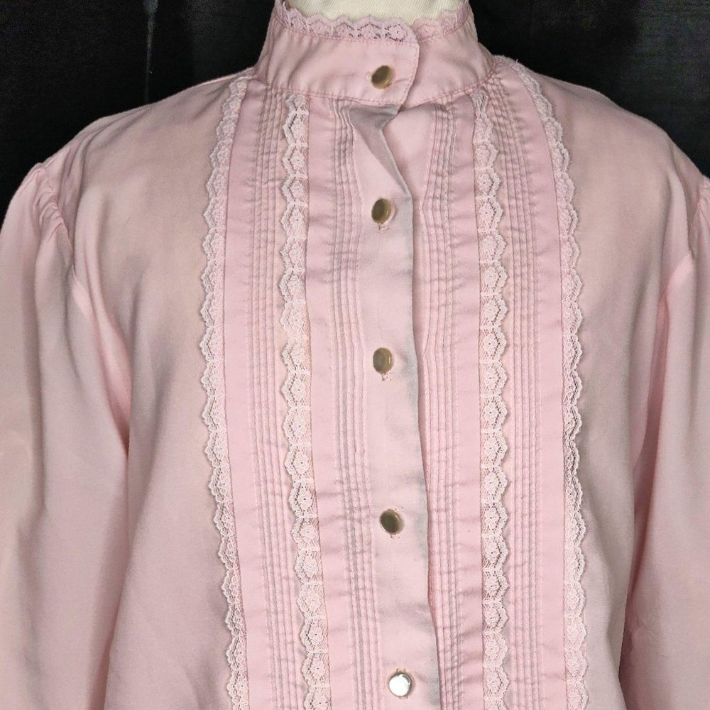 Vintage 1960s Pink Pleat & Lace Secretary Blouse M